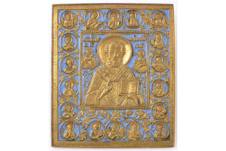 икона, Святитель Николай Чудотворец, медный сплав, 1-цветная эмаль, Российская империя, 19-й век, 14.3 x 12.2 x 0.4 см