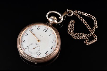 карманные часы, "Zenith", Швейцария, серебро, 800 проба, 105.58 г, 6.7 x 5.4 см, Ø 54 мм, механизм в рабочем состоянии, с цепочкой