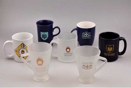 set of 7 mugs with the symbols of the Latvian National Armed Forces, Latvia, the border of the 20th and the 21st centuries