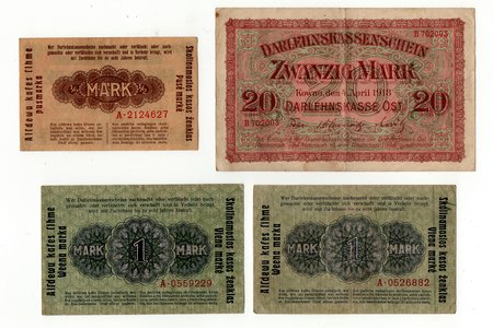 set of 4 banknotes: 1/2 mark, 1 mark, 20 marks, 1918, Latvia, Lithuania, VF, Ost, Kowno