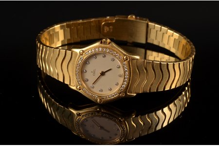наручные часы, "Ebel", дамские, Швейцария, золото, 51 бриллиант, 750, 18 K проба, 62.35 г, 24.5 мм, длина/ширина браслета 18см/10.5мм, в рабочем состоянии, вес  механизма 2.85 г.