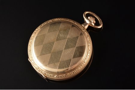 pocket watch, "Lanco", Switzerland, Germany(?), the 20-30ties of 20th cent., metal, gold plated, 91.15 g, 6.2 x 5.2 cm, Ø 52 mm, mechanism in working order, ġilded body, mafufactured by Gustav Rau. Inscription under back cover "Walx-Gold-Double 20 Micron Garantie 10 Jahre"