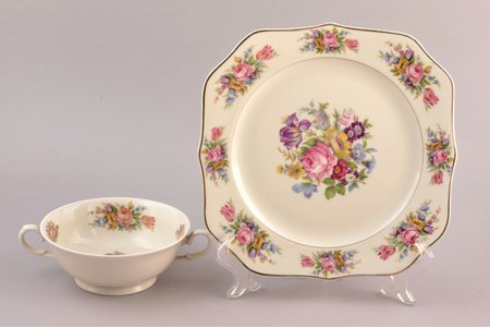 phial, dessert plate, "Flowers", porcelain, J.K. Jessen manufactory, Riga (Latvia), 1938-1939, top grade, export stamp to USA