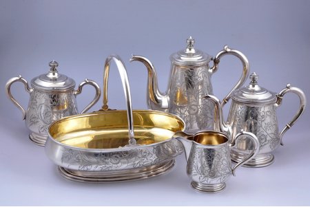 service, silver, 5 items, 84 standard, 3477.55 g, (total weight of items), engraving, gilding, biscuit tray 26.8 x 20 cm, coffee pot h 22.2 cm, cream jug h 11.5 cm, 1880-1890, Moscow, Russia