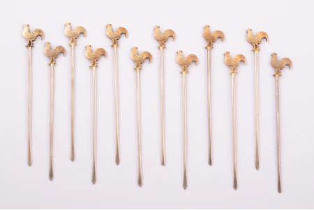 set of 12 skewers "Roosters", silver, 830 standard, total weight of items 39.85 g, 8.7 cm, Helsinki, Finland