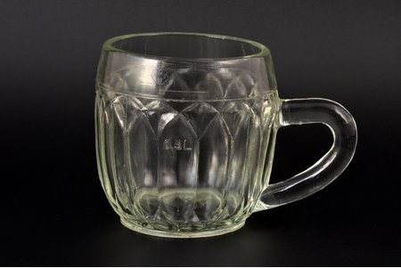 beer (kvass) mug, made by the Kommunar glass factory (Riga, Latvian SSR) in 1949. Volume - 0.5 L. The inscription at the bottom is S.F.K., read from the inside. Height - 106 mm, upper Ø - 98 mm, lower Ø - 74 mm. The bottom edge is polished, small chips., Latvia, USSR, the 40-50ies of 20 cent.