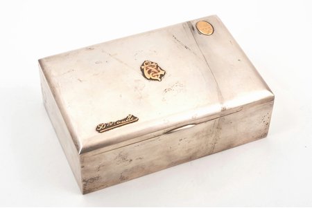 humidor, silver, with gold onlay details, 830, 585 standard, total weight of item 628.6 g, wood, 19.3 x 12.9 x 6.3 cm, 1928, Finland, crack on the wooden base