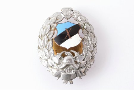badge, 10 years of the fireman service, Estonia, 20-30ies of 20th cent., 59 x 42.8 mm, defect of white enamel, element de-soldering (glued), traces of wearing