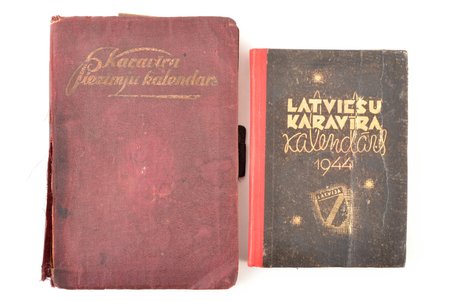 komplekts: "Karavīra Piezīmju kalendārs 1924 (izd. Heimanis) / Latviešu karavīra kalendārs 1944", 1923-1944 g., 96 / 238 lpp., piezīmes grāmatā, ilustrācijas uz atsevišķām lappusēm, vietām traipi, ieplēsta grāmatas muguriņa, 15.5 x 10 / 12 x 8.5 cm
