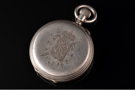pocket watch, "Павелъ Буре (Pavel Buhre)", award with inscription - to the policeman of the 4th precinct of the Spasskaya district, Anton Baldin, for 25 years of service, from the gradonachalnik of Petrograd, Prince A.N. Obolensky, Russia, Switzerland, silver, 84, 875 standart, 114.98 g, 6.8 x 5.25 cm, Ø 52.5 mm, mechanism in working order, cracks on the dial
