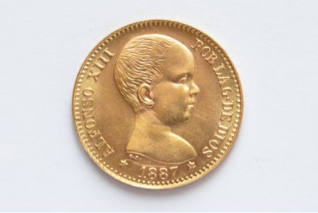 Spānija, 20 pesetas, 1887 g., "Alfonss XIII", zelts, AU, 900 prove, 6.45 g, tīra zelta svars 5.806 g, KM# 693, Cal# 3, faktiskais svars 6.45 g