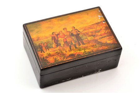 lādīte, lakas miniatūra, "Jaunatne komunisma celtniecībā", Mstera, mākslinieks Snjatkovs; iekšpusē sudraba plāksnīte ar veltījumu (875 prove), PSRS, 1952 g., 13.6 x 19.6 x 8.3 cm, maznozīmīgi krāsas slāņa defekti