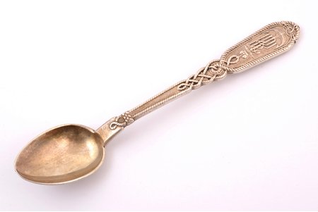 teaspoon, silver, presumably with the monogram (AM) of Grand Duke Alexander Mikhailovich and between the letters AM - the letter T, which forms an anchor shape in the lower part. Supposedly - the yacht "Tamara", which the Grand Duke bought in 1890 in London for around-the-world cruise and named after the Georgian ruler Tamara, 84 standard, 54.75 g, 16 cm, by Albrecht Kirill (Karl) Fedorovich, 1880-1890, St. Petersburg, Russia