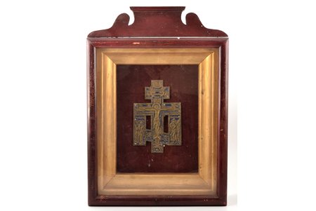 крест, Распятие Христово, в киоте, бронза, 1-цветная эмаль, Российская империя, 19-й век, 22 x 14.4 x 0.6 см, 559.5 г., киот: бронзирование, размер 57 x 39.5 x 12.5 см