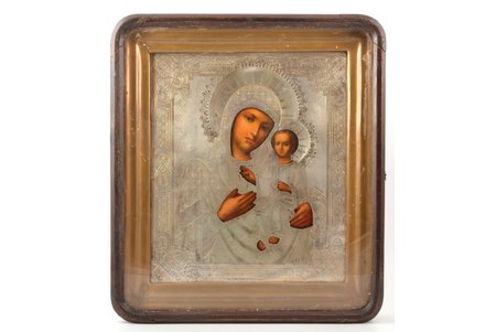 icon, Mother of God "Iveron", in icon case, board, painting, engraving, silver oklad, 84 standard, Moscow, Russia, 1887, 31 x 26.5 x 2.5 cm, icon case with damage, 39.4 x 34.9 x 7.3 cm
