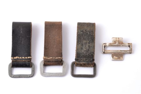 a set, 3 belt loops with D-Ring and buckle hook, Third Reich, metal, leather, 8 x 3.8 / 3.4 x 4.4 cm, Germany, the 30-40ties of 20th cent.