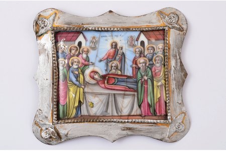 icon, Dormition of the Mother of God, enamel, Russia, 5.9 x 7.1 / 8.7 x 10 cm, hairline cracks
