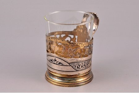 tea glass-holder, silver, 875 standard, 82.60 g, niello enamel, gilding, with glass, Ø (inside) 6.7 cm, h (with handle) 8.6 cm, the artistic plant of Kubachinsk, the 70-ties of the 20th cent., Dagestan, USSR