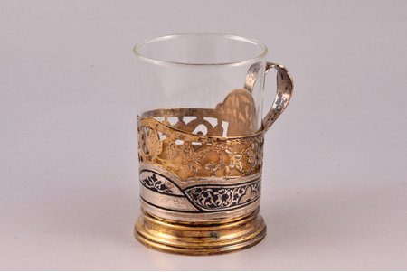 tea glass-holder, silver, 875 standard, 80.71 g, niello enamel, gilding, with glass, Ø (inside) 6.5 cm, h (with handle) 8.4 cm, the artistic plant of Kubachinsk, the 70-ties of the 20th cent., Dagestan, USSR