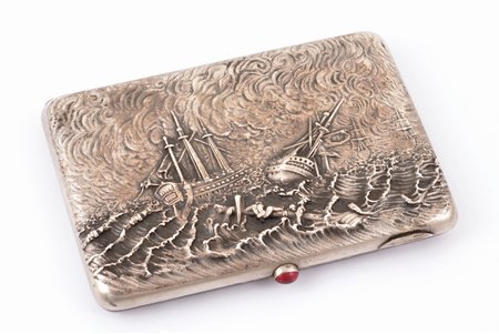 cigarette case, silver, "The shipwreck of the Invincible Armada during a storm", 84 standard, 204.85 g, gilding, silver stamping, 9 x 12.7 x 1.5 cm, Twenty-first Moscow Artel, 1908-1917, Moscow, Russia
