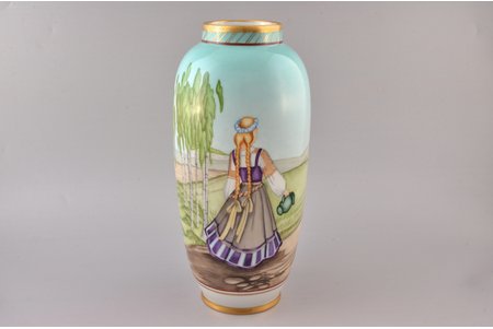 vase, "Traditional motiv", porcelain, M.S. Kuznetsov manufactory, signed painter's work, handpainted by Vilghelms Reine, sketch by Vilis Vasarinsh, Riga (Latvia), 1936, 26 cm, the presented lot was made in a single copy, as evidenced by the signature of the technical director of the factory Alexey Turkov (AT) with the label "1" (meaning of the mark: a work in a single copy, in the submitted form and in a highly artistic painting according to a sketch).