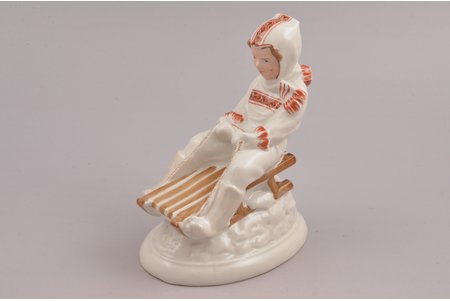 figurine, Girl on a sleigh, porcelain, Riga (Latvia), USSR, Riga porcelain factory, molder - Zina Ulste, the 50ies of 20th cent., 12.2 cm, first grade