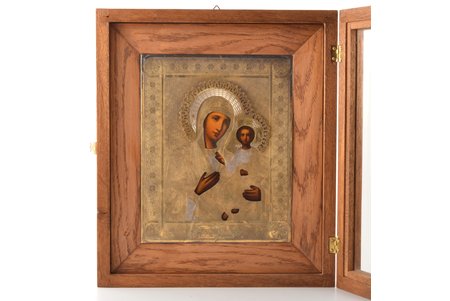 icon, Our Lady of Smolensk, in icon case, board, painting, guilding, silver oklad, 84 standard, Moscow, Russia, 1884, 22.1 x 17.8 cm, icon case made of solid oak wood, size 32.3 x 28 cm