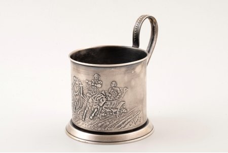 tea glass-holder, "Summer Troika", rarer variation, german silver, USSR, 1969, Ø (inside) 6.6 cm, h (with handle) 9.6 сm