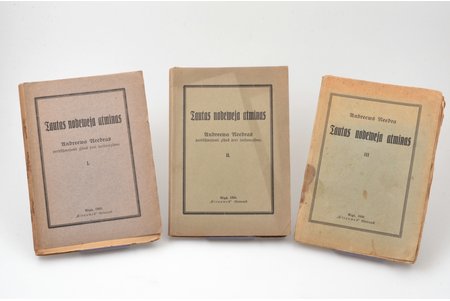 Andrievs Niedra, "Tautas nodevēja atmiņas", I,II,III daļas, 1923-1930, "Straumes", Riga, 206, 183, 164 pages, some pages fall out, stains in some places, 20 x 14 cm