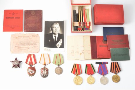 set of awards and documents, awarded to Shenderov Alexey Pavlovich (Шендеров Алексей Павлович): Order of the Red Banner № 418808, Order of the Red Star № 1979189, order "Badge of Honour" №(1)71590, medal To a Partisan of the Great Patriotic war (1st class), with certificates, documents and 4 jubilee medals, USSR, 50ies of 20 cent.
