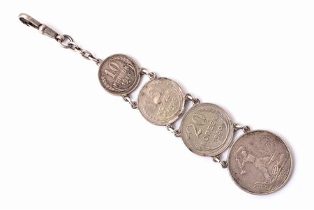 pulksteņa breloks, no 10, 15, 20 un 50 kapeiku monētām (1924-1930), sudraba billons (500), 20 gs. 20tie gadi, PSRS, pulksteņa ķēdes svars 20.81 g, garums 12.7 cm