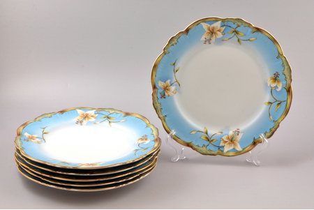 set of 6 plates, porcelain, M.S. Kuznetsov manufactory, hand-painted, Russia, 1891-1917, Ø 24.1 cm, Dmitrov factory; without defects