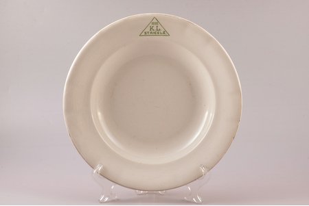 plate, "K.L. in Staicele", made by order of Staicele merchant and industrialist Kārlis Līsbergs, faience, M.S. Kuznetsov manufactory, Riga (Latvia), 1920-1933, Ø 24.7 cm, second grade, micro chip on the edge