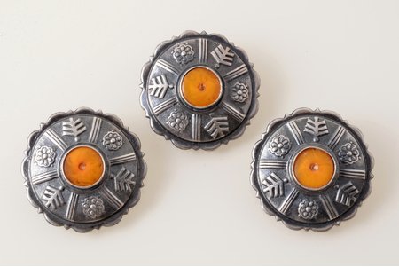 a set of 3 saktas, silver, 875 standard, the item's dimensions Ø 2.5 cm, amber, 1962, workshop Rigas Gravieris, Riga, Latvia, USSR, total weight of items 7.41 g