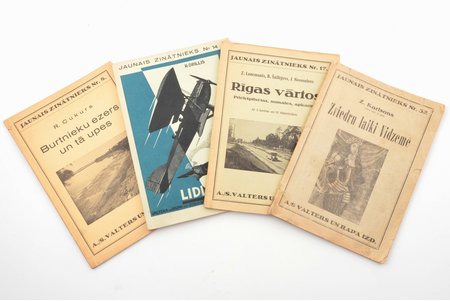set of 4 books, series "Jaunais zinātnieks" (Nr. 8, 14, 17, 32): R. Cukurs / R. Drillis / Z. Lancmanis u.c. / Ž. Karlsons, "Burtnieku ezers un tā upes / Lidmašīna / Rīgas vārtos / Zviedru laiki Vidzemē", 1930-1938, Valtera un Rapas akc. sab. izdevums, Riga, 64 / 105 / 69 / 74 pages, torn spine, 21  x 15 cm
