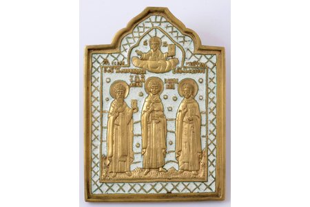 icon, Chosen saints: Panteleimon, Athenogenes and Sadoth, copper alloy, 1-color enamel (white), Moscow, Russia, the 19th cent., 12.9 x 9.4 x 0.6 cm, 321 g.