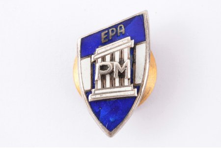 badge, EPA PM, technical school, silver, 21.7 x 13 mm, shortened screw