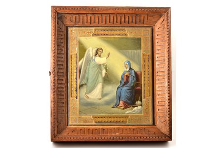 icon, Annunciation of Our Lady, in icon case, board, painting, guilding, Russia, 31 x 26.3 cm, icon case 41.3 x 37 x 8.6 cm