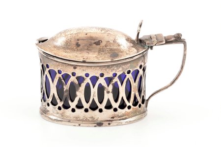 saltcellar, silver, with glass, 925 standard, silver weight 46.5 g, h 5.4 cm, 1901, Birmingham, Great Britain, chip on glass