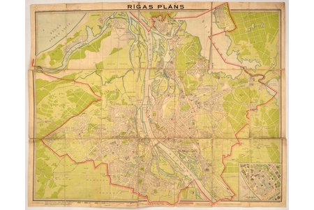 map, plan of Riga, published by "P. Mantnieka kartogrāfijas institūts" in Riga, Latvia, 20-30ties of 20th cent., 70.4 x 88 cm, map is glued along folding lines
