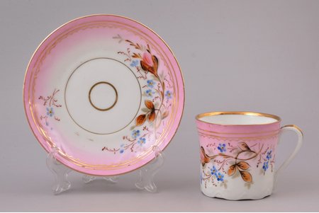 tea pair, with dedication "in Angel Day", porcelain, M.S. Kuznetsov manufactory, hand-painted, Riga (Latvia), Russia, 1890-1910, h (cup) 6.5 cm, Ø (saucer) 13.7 cm