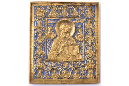 ikona, Svētais Nikolajs Brīnumdarītājs, vara sakausējuma, 1-krāsu emalja, Krievijas impērija, 19. un 20. gadsimtu robeža, 14.2 x 12.2 x 0.6 cm, 538 g.