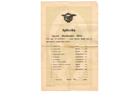 apliecība, par Rezerves lidotāju kursu absolvēšanu, Aviācijas pulks, izsniegta kapr. Bandeniekam Kārlim, Latvija, 1936 g., 35.6 x 22.4 cm, ieplēsts locījumu vietās