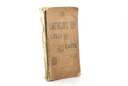 atlass, Latvijas ceļu karte, 19 lpp. un V + 59 kartes, izd. Šoseju un zemesceļu departemants, Latvija, 1940 g., 26 x 14 cm, bojāta titullapa, trūkst aizmugurējais vāks, trūkst grāmatas muguriņa