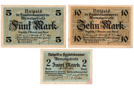 2 markas, 10 markas, 5 markas, banknošu komplekts, 3 gab., Mēmele (Klaipēda), 1922 g., Lietuva, XF
