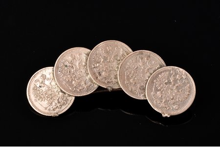 брошь, из монет 5 копеек (1870-1880-е г.г.), серебро, 500 проба, 5.35 г., размер изделия 2.3 x 7 см, Российская империя