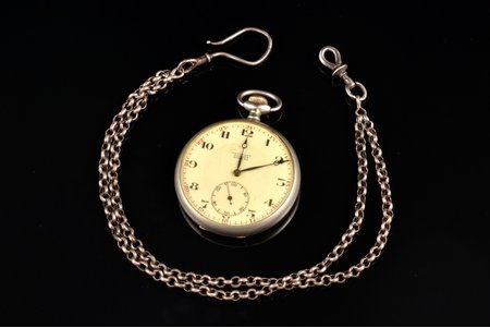 pocket watch and watchguard, "Гострест Точмех", USSR, the 20ties of 20th cent., metal, 74.94 g, 6 x 4.9 cm, Ø 49 mm, watchguard - silver, 84 standard, length 32.5 cm, weight 16.62 g