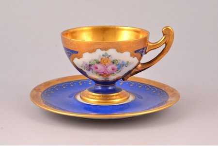 coffee pair, Victoria Schmidt & Co, porcelain, Epiag, hand-painted, Czechoslovakia, the 30ties of 20th cent., h (cup with handle) 5.9 cm, Ø (saucer) 12 cm, cobalt, gold plated