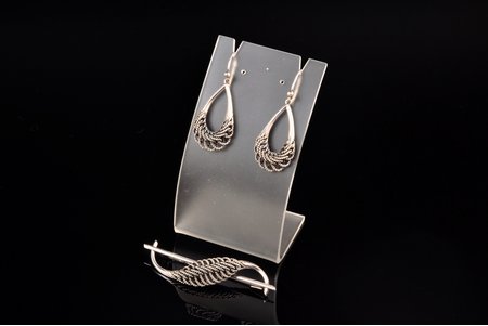 a set of earrings and brooch, silver, total weight of items 16.36 g., workshop Rigas Gravieris, Latvia, USSR, brooch 6.4 x 2 cm, earrings 4.6 cm