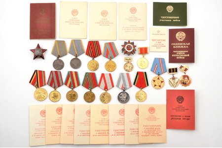 set of awards and documents, awarded to Strugov Anatoly Nikolaevich: Order of the Red Star No. 2194456 (type 2, variety 5, "Platinopribor" 2nd batch), 2 medals For Military Merit No. 748365 and without number, with certificates and documents; medals: For the capture of Berlin, For the liberation of Warsaw, etc., USSR, 1945-1988